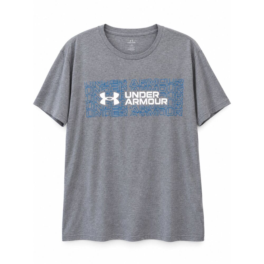 Under Armour Men's XXL Gray Graphic T Shirt Blue Logo Athletic Tee 2XL